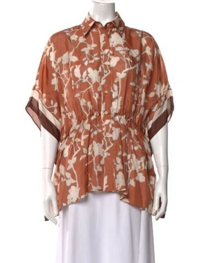 Pre-owned Brunello Cucinelli Silk Floral Print Blouse In Orange