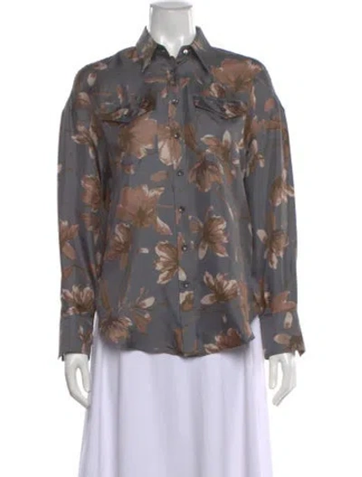 Pre-owned Brunello Cucinelli Silk Floral Print Button-up Top In Gray