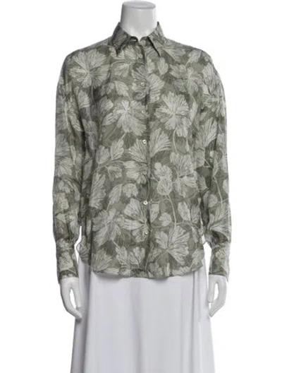 Pre-owned Brunello Cucinelli Silk Floral Print Button-up Top In Green