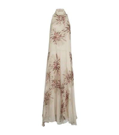 Brunello Cucinelli Silk Halterneck Floral Maxi Dress In Beige