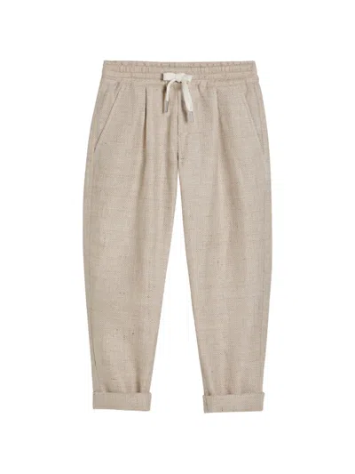 Brunello Cucinelli Kids' Silk, Linen And Wool Hopsack Trousers With Drawstring And Pleats In Neutral
