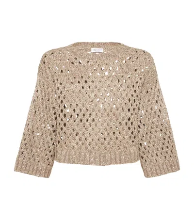 Brunello Cucinelli Silk-linen-blend Net Sweater In Brown