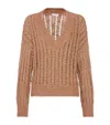 Brunello Cucinelli Brown Sweater With V-neck And Open Stitch In Linen And Silk Blend Woman In Red