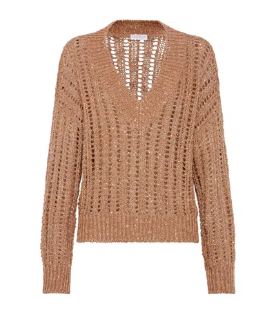 BRUNELLO CUCINELLI SILK-LINEN-BLEND OPEN KNIT SWEATER