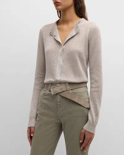 Brunello Cucinelli Silk Linen Cropped Cardigan With Paillette Detail In Gray