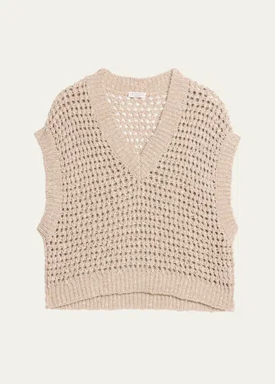 Brunello Cucinelli Silk Linen Diamond Net Knit Sweater In C9593 Quarzo