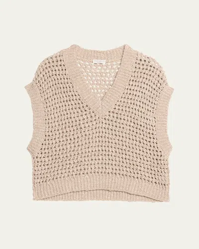 Brunello Cucinelli Silk Linen Diamond Net Knit Sweater In Quarzo