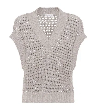 Brunello Cucinelli Silk-linen Net Sweater Vest In Grey