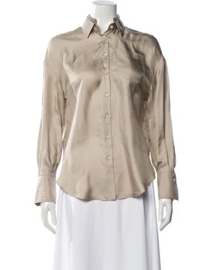 Pre-owned Brunello Cucinelli Silk Long Sleeve Button-up Top In Brown
