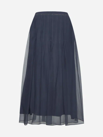 Brunello Cucinelli Women's Crispy Silk Pleated Midi Skirt With Shiny Waistband In Blue