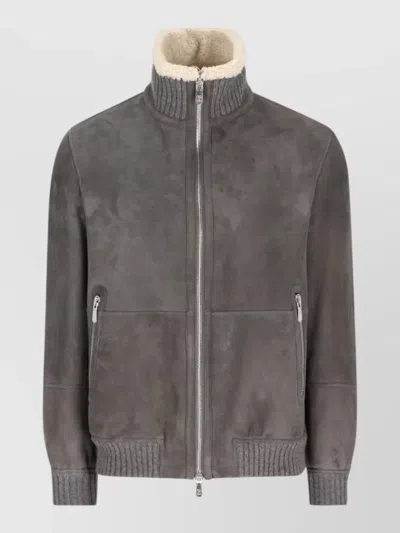 Brunello Cucinelli Shearling Aviator Jacket With Cashmere Knit Details In Gray