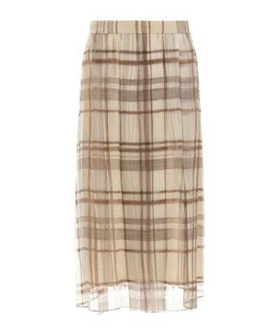 Brunello Cucinelli Silk Organza Pleated Skirt In Macrocheck Print In Brown