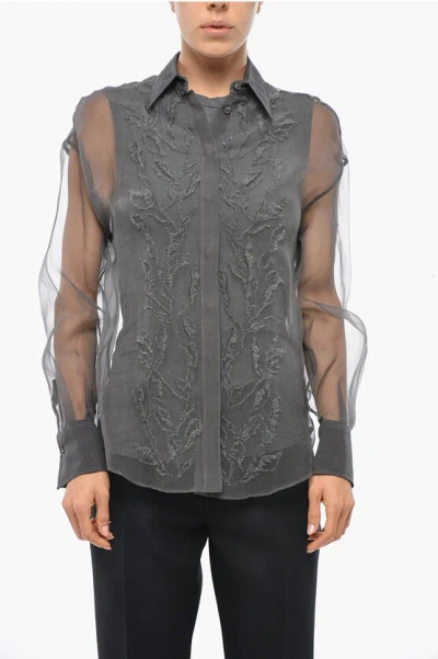 Brunello Cucinelli Silk Organza Shirt With Embroidery In Gray
