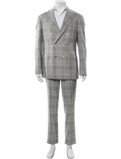Pre-owned Brunello Cucinelli Silk Plaid Print Two-piece Suit In Gray