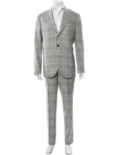 Pre-owned Brunello Cucinelli Silk Plaid Print Two-piece Suit In Gray