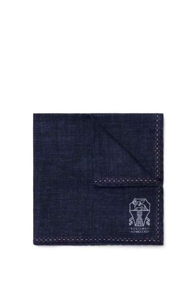 Brunello Cucinelli Logo-print Silk Pocket Square In Dark Denim