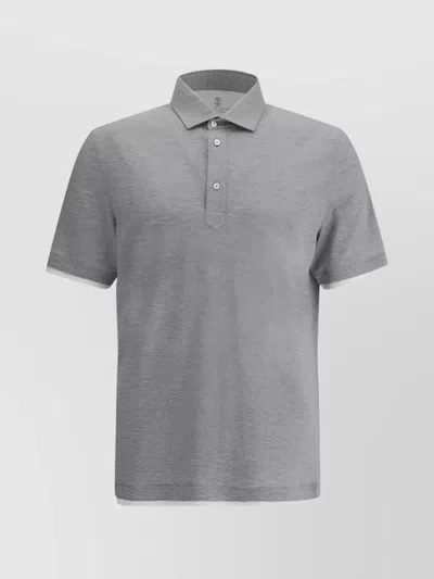 Brunello Cucinelli Silk Polo Sweater With Two-tone Double Layer Detail In Gray