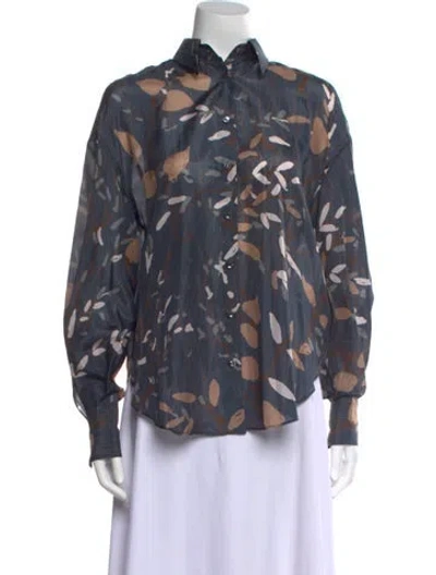 Pre-owned Brunello Cucinelli Silk Printed Button-up Top W/ Tags In Blue