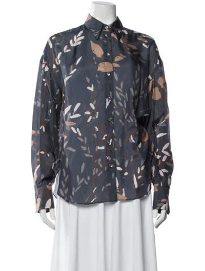 Pre-owned Brunello Cucinelli Silk Printed Button-up Top W/ Tags In Blue