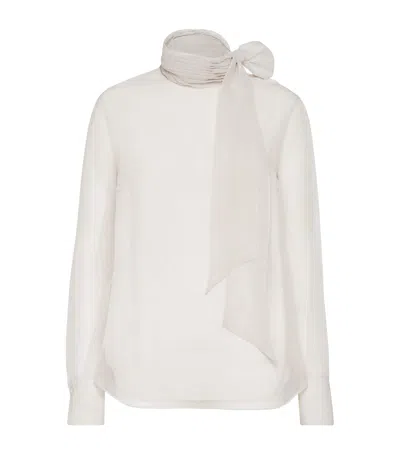 BRUNELLO CUCINELLI SILK PUSSYBOW LONG-SLEEVE TOP