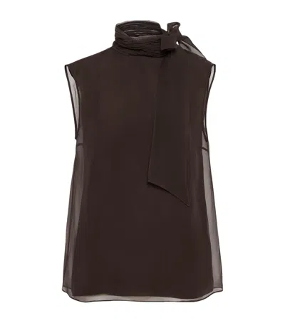 Brunello Cucinelli Silk Pussybow Sleeveless Top In Brown
