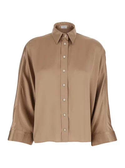 Brunello Cucinelli Silk Satin Blouse In Brown