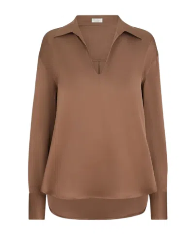Brunello Cucinelli Silk Satin Blouse In Brown