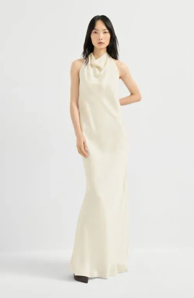Brunello Cucinelli Silk Satin Halterneck Dress In Neutral