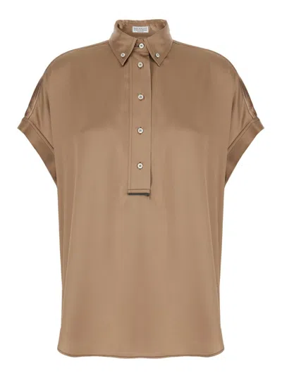 Brunello Cucinelli Silk Satin Shirt In Brown
