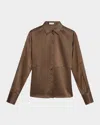 Brunello Cucinelli Silk Satin Stretch Blouse With Bib In Brown