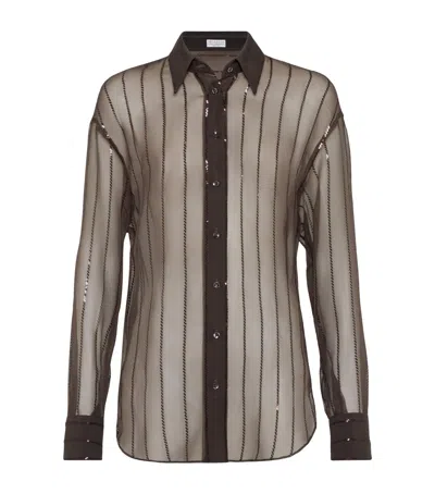 Brunello Cucinelli Silk Sequin-stripe Shirt In Brown
