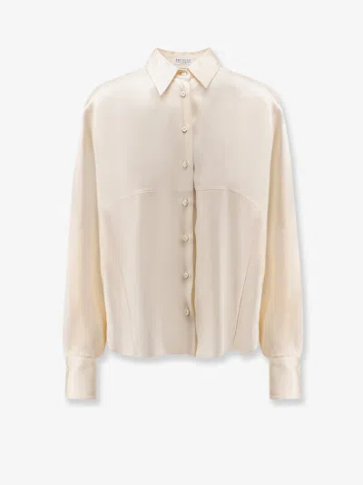 Brunello Cucinelli Silk Shirt Boxy Cut Long Sleeves In Neutral