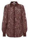 Brunello Cucinelli Floral Sequin Embellished Silk Collared Top In Brown