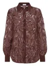 Brunello Cucinelli Floral Sequin Embellished Silk Collared Top In Brown