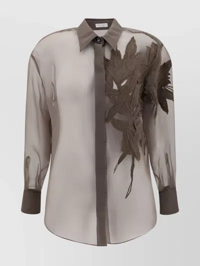 Brunello Cucinelli Silk Shirt Contemporary Embroidered Detail In Brown
