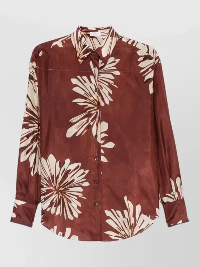 Brunello Cucinelli Silk Shirt Floral Motif Collared Neck In Burgundy