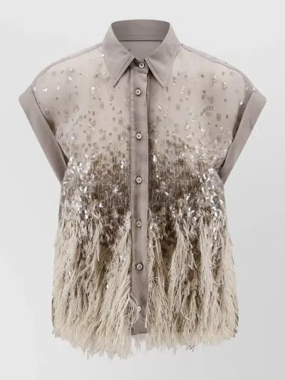 Brunello Cucinelli Silk Shirt Sequins Fringe Feathers Sleeveless In Brown