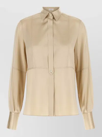 Brunello Cucinelli Silk Shirt Stretch Satin Trompe Loeil In Neutral