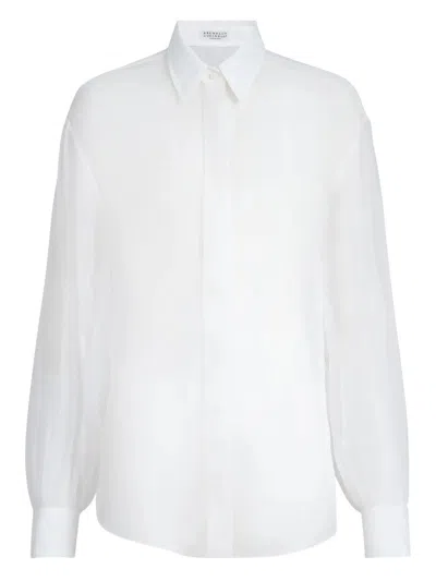 Brunello Cucinelli Women's Stretch Cotton Poplin Shirt With Cotton Organza Sleeves And Monili In White