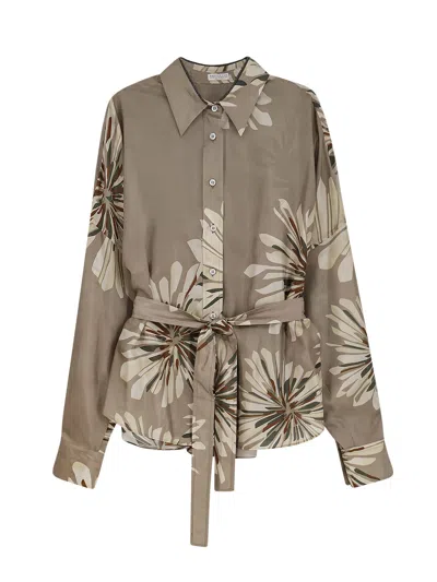 Brunello Cucinelli Silk Shirt With Belt In Brown