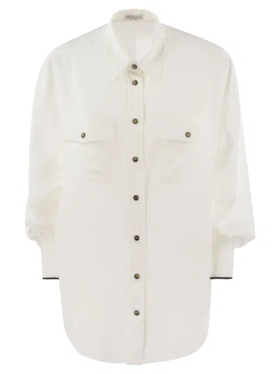 Brunello Cucinelli Silk Shirt With Snaps And Pockets In White