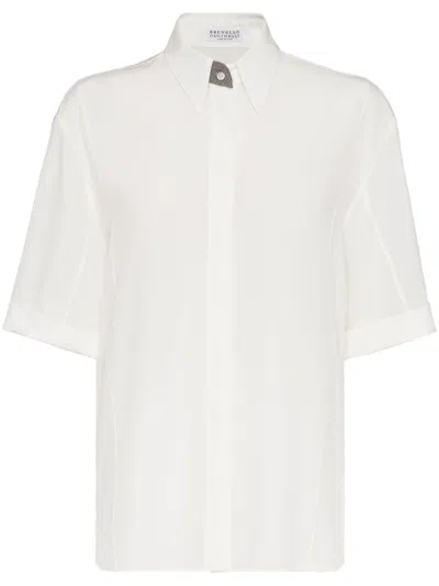 BRUNELLO CUCINELLI SILK SHORT-SLEEVE SHIRT: PRECIOUS BUTTONHOLE DESIGN, BEIGE