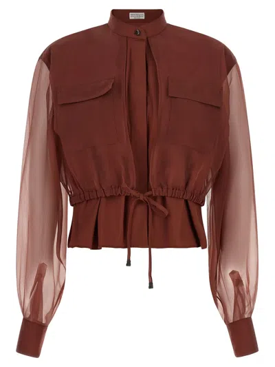 Brunello Cucinelli Cotton And Silk Mixed-fabric Blouse In Brown
