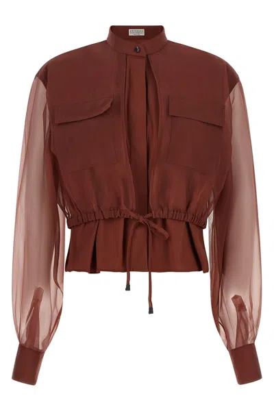 Brunello Cucinelli Silk Sleeves Blouse In Brown