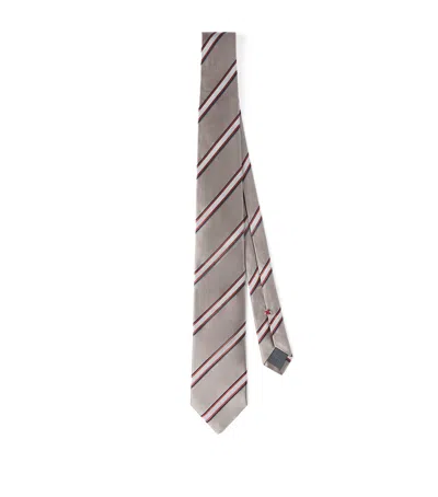Brunello Cucinelli Silk Stripe Tie In Gray