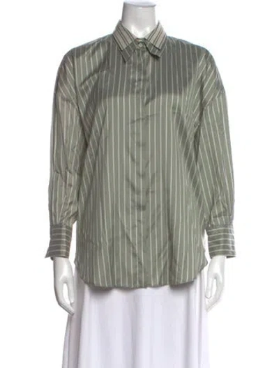 Pre-owned Brunello Cucinelli Silk Striped Button-up Top In Green