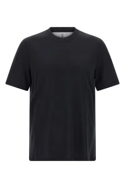 Brunello Cucinelli Crew Neck Silk T-shirt With Side Slit In Blue