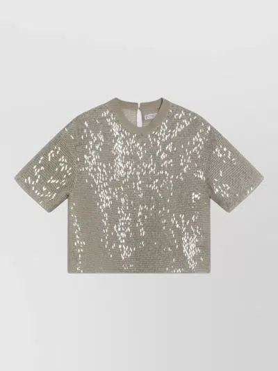 Brunello Cucinelli Silk T Shirt Sequin Detail Short Sleeves In Neutral