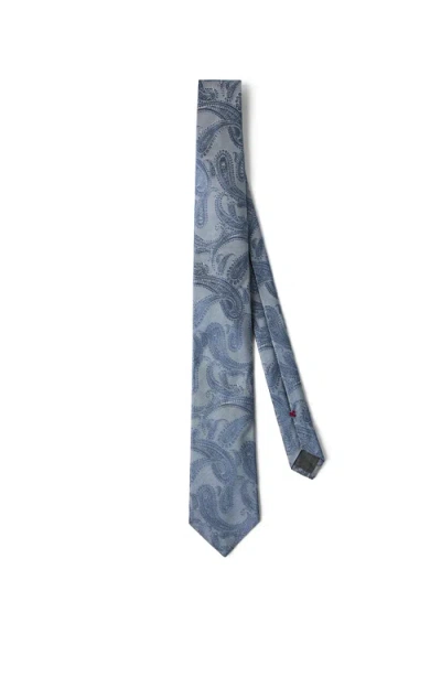 Brunello Cucinelli Silk Tie With Pattern In Blue