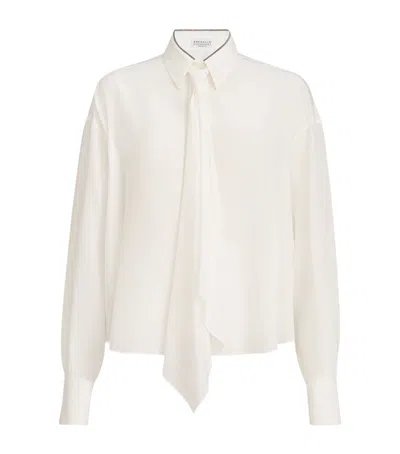 Brunello Cucinelli Silk Tie-detail Shirt In White